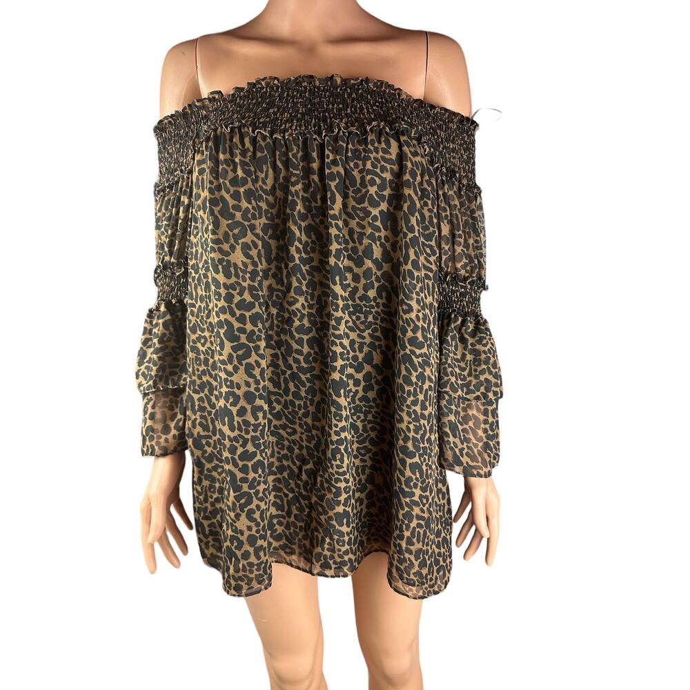 Max Studio Womens Off The Shoulder Leopard Print Tan Black Top Size Small